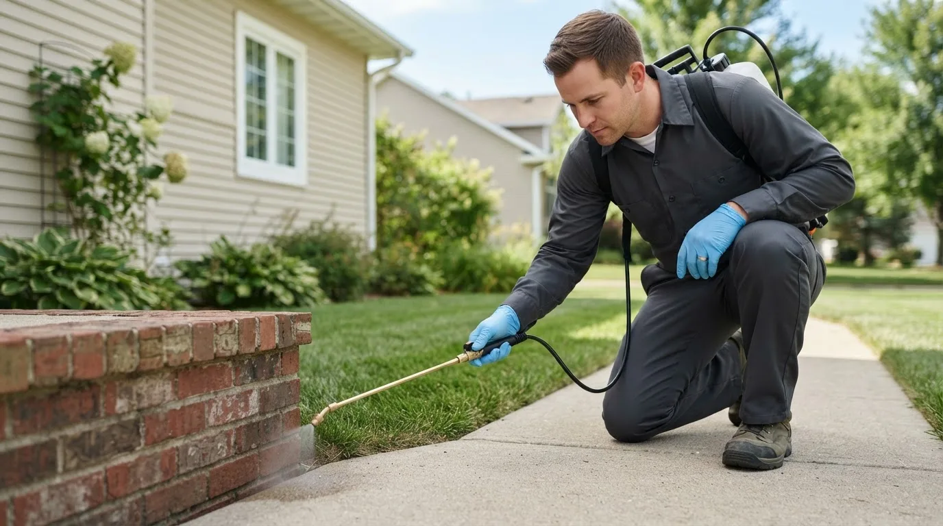 Pest control technician treating a home near Valparaiso, IN